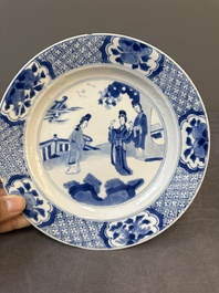 Three Chinese blue and white plates with figural design, Jiajing and Chenghua marks, Kangxi