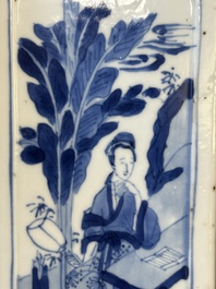 A Chinese blue and white square flask and cover with figural design, Kangxi