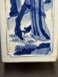 A Chinese blue and white square flask and cover with figural design, Kangxi