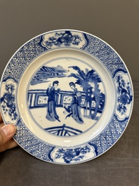 Three Chinese blue and white 'Long Eliza' plates, various marks, Kangxi