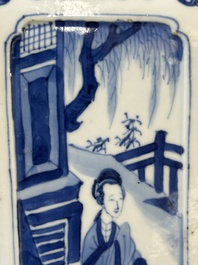 A Chinese blue and white square flask and cover with figural design, Kangxi