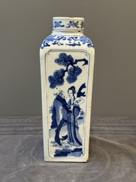 A Chinese blue and white square flask and cover with figural design, Kangxi