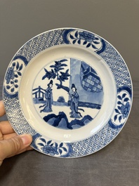 Three Chinese blue and white 'Long Eliza' plates, various marks, Kangxi