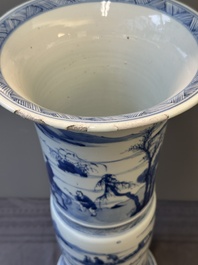 A large Chinese blue and white 'gu' vase with figures in landscapes, Kangxi