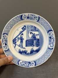 Three Chinese blue and white 'Long Eliza' plates, Chenghua mark, Kangxi