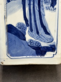 A Chinese blue and white square flask and cover with figural design, Kangxi
