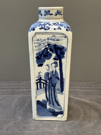 A Chinese blue and white square flask and cover with figural design, Kangxi