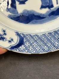 Three Chinese blue and white plates with figural design, Jiajing and Chenghua marks, Kangxi