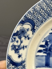 Three Chinese blue and white plates with figural design, Jiajing and Chenghua marks, Kangxi