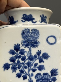 A Chinese blue and white square flask with floral design, Kangxi