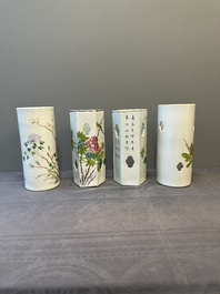 Four Chinese famille rose 'birds and flowers' hat stands, signed Jiang Xiangzong 江湘宗 and Xing Ming 邢明, Tongzhi mark, 19th C.