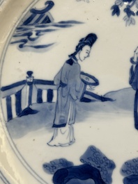 Three Chinese blue and white plates with figural design, Jiajing and Chenghua marks, Kangxi
