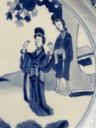Three Chinese blue and white plates with figural design, Jiajing and Chenghua marks, Kangxi