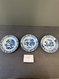 Three Chinese blue and white 'Long Eliza' plates, various marks, Kangxi