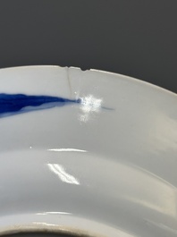 Three Chinese blue and white plates with figural design, Jiajing and Chenghua marks, Kangxi