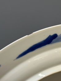 Three Chinese blue and white 'Long Eliza' plates, Chenghua mark, Kangxi
