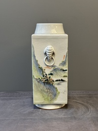 A Chinese qianjiang cai 'landscape' 'cong' vase, Pu Zhu Xuan 圃竹軒 seal mark, 20th C.