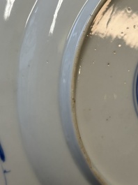 Three Chinese blue and white 'Long Eliza' plates, various marks, Kangxi