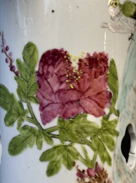 Four Chinese famille rose 'birds and flowers' hat stands, signed Jiang Xiangzong 江湘宗 and Xing Ming 邢明, Tongzhi mark, 19th C.