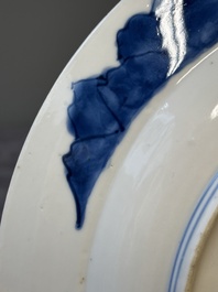 Three Chinese blue and white 'Long Eliza' plates, various marks, Kangxi