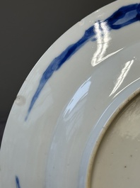 Three Chinese blue and white 'Long Eliza' plates, various marks, Kangxi