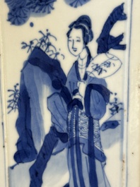 A Chinese blue and white square flask and cover with figural design, Kangxi