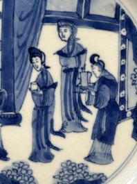 Three Chinese blue and white plates with figural design, Jiajing and Chenghua marks, Kangxi