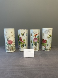 Four Chinese famille rose 'birds and flowers' hat stands, signed Jiang Xiangzong 江湘宗 and Xing Ming 邢明, Tongzhi mark, 19th C.