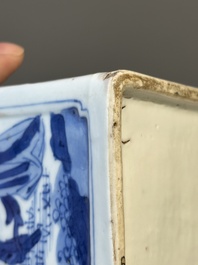 A Chinese blue and white square flask and cover with figural design, Kangxi