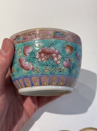 Two Chinese famille rose turquoise-ground 'chupu' bowls and covers for the Straits or Peranakan market, 19th C.