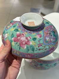 Two Chinese famille rose turquoise-ground 'chupu' bowls and covers for the Straits or Peranakan market, 19th C.