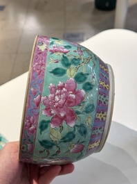 Two Chinese famille rose turquoise-ground 'chupu' bowls and covers for the Straits or Peranakan market, 19th C.