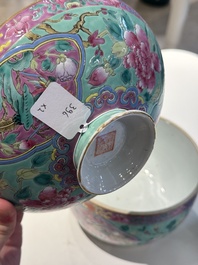 Two Chinese famille rose turquoise-ground 'chupu' bowls and covers for the Straits or Peranakan market, 19th C.