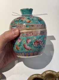 Two Chinese famille rose turquoise-ground 'chupu' bowls and covers for the Straits or Peranakan market, 19th C.