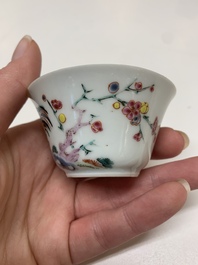 Four Chinese famille rose 'rooster' cups and five saucers, Yongzheng