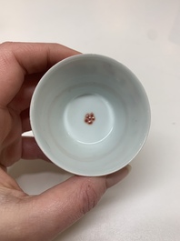 Four Chinese famille rose 'rooster' cups and five saucers, Yongzheng