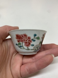 Four Chinese famille rose 'rooster' cups and five saucers, Yongzheng