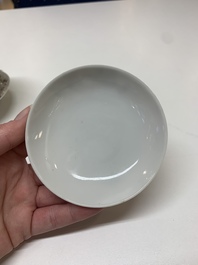 Five Chinese blue, white and famille rose wares, Qianlong and Xianfeng marks, 19/20th C.