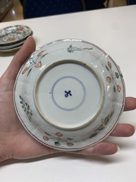 Five Chinese famille verte cups and six saucers, Kangxi