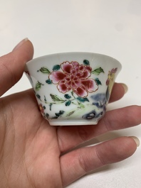 Four Chinese famille rose 'rooster' cups and five saucers, Yongzheng