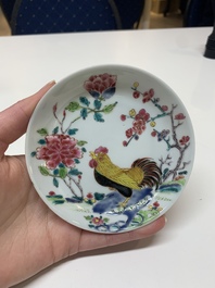Four Chinese famille rose 'rooster' cups and five saucers, Yongzheng