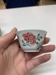 Four Chinese famille rose 'rooster' cups and five saucers, Yongzheng