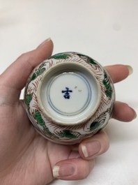 Five Chinese famille verte cups and six saucers, Kangxi