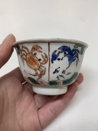Five Chinese famille verte cups and six saucers, Kangxi