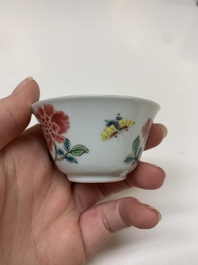 Four Chinese famille rose 'rooster' cups and five saucers, Yongzheng