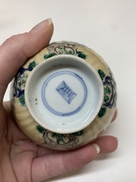 Five Chinese famille verte cups and six saucers, Kangxi