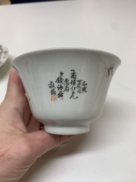 Five Chinese blue, white and famille rose wares, Qianlong and Xianfeng marks, 19/20th C.