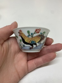 Four Chinese famille rose 'rooster' cups and five saucers, Yongzheng
