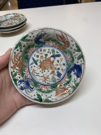 Five Chinese famille verte cups and six saucers, Kangxi