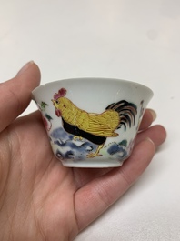 Four Chinese famille rose 'rooster' cups and five saucers, Yongzheng